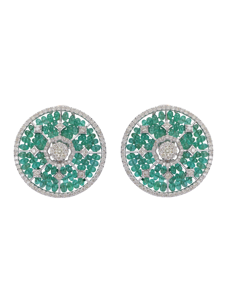 14K GOLD EARRINGS STUDDED WITH DIAMOND & EMERALD BEADS