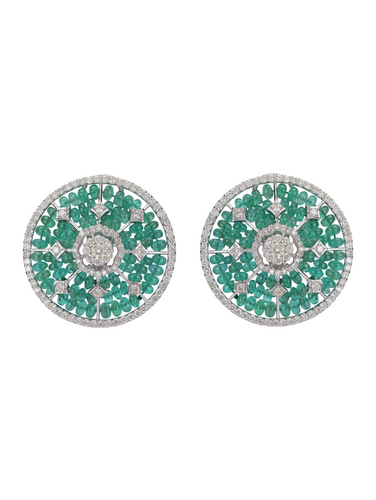 14K GOLD EARRINGS STUDDED WITH DIAMOND & EMERALD BEADS