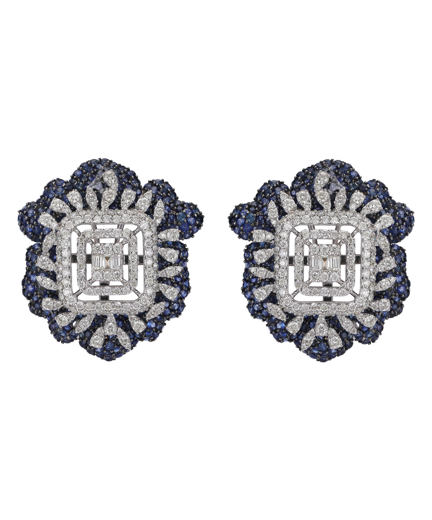 14K GOLD EARRINGS STUDDED WITH DIAMOND & BLUE SAPPHIRES