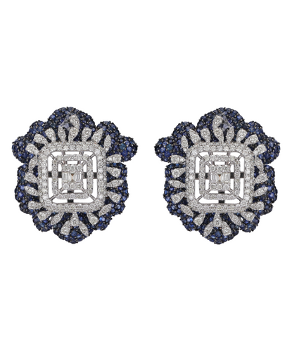 14K GOLD EARRINGS STUDDED WITH DIAMOND & BLUE SAPPHIRES