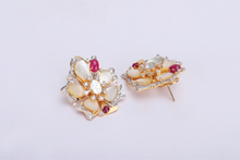 Load image into Gallery viewer, 18K GOLD EARRINGS STUDDED WITH UNCUT DIAMOND/MOTHER OF PEARL &amp; RUBIES