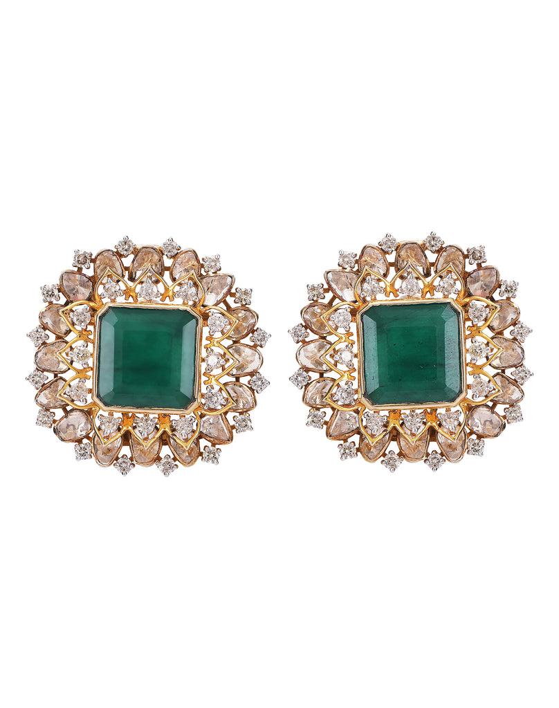 18K GOLD POLKI FUSION EARRINGS STUDDED WITH EMERALD AND DIAMONDS