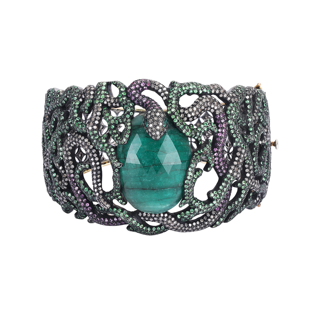 SILVER  BRACELET WITH DIAMOND AND EMERALD