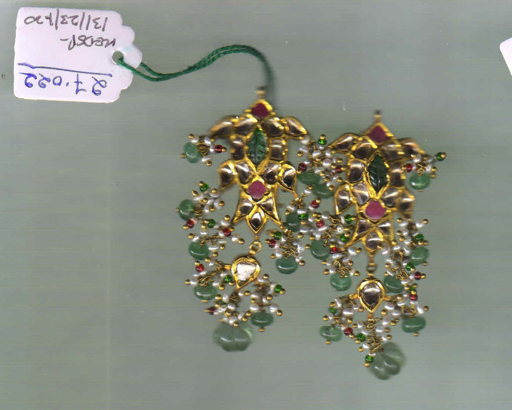 22K GOLD UNCUT DIAMOND  EARRINGS WITH RUBY AND EMERALD BEADS