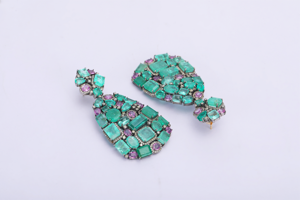 SILVER EARRINGS STUDDED WITH DIAMOND & EMERALDS