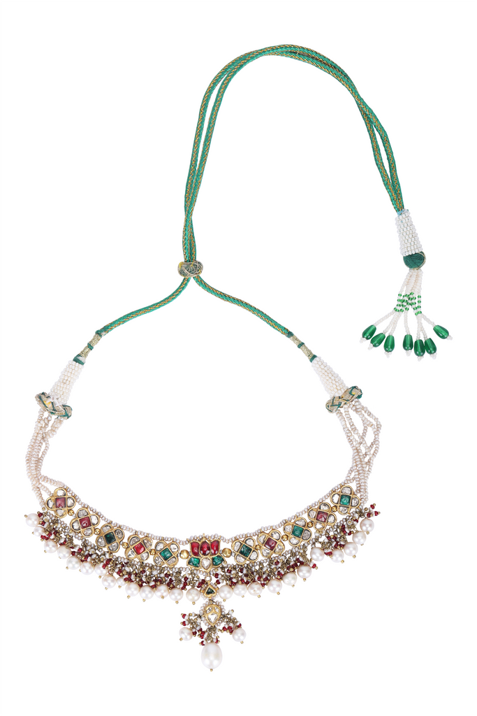 22K GOLD POLKI NECKLACE WITH PEARL STRINGS STUDDED WITH NATURAL GEM STONES