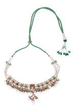 Load image into Gallery viewer, 22K GOLD POLKI NECKLACE WITH PEARL STRINGS STUDDED WITH NATURAL GEM STONES