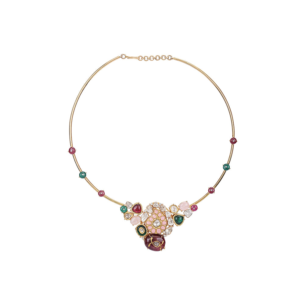 18K GOLD  POLKI FUSION NECKLACE STUDDED WITH RUBY AND  EMERALDS