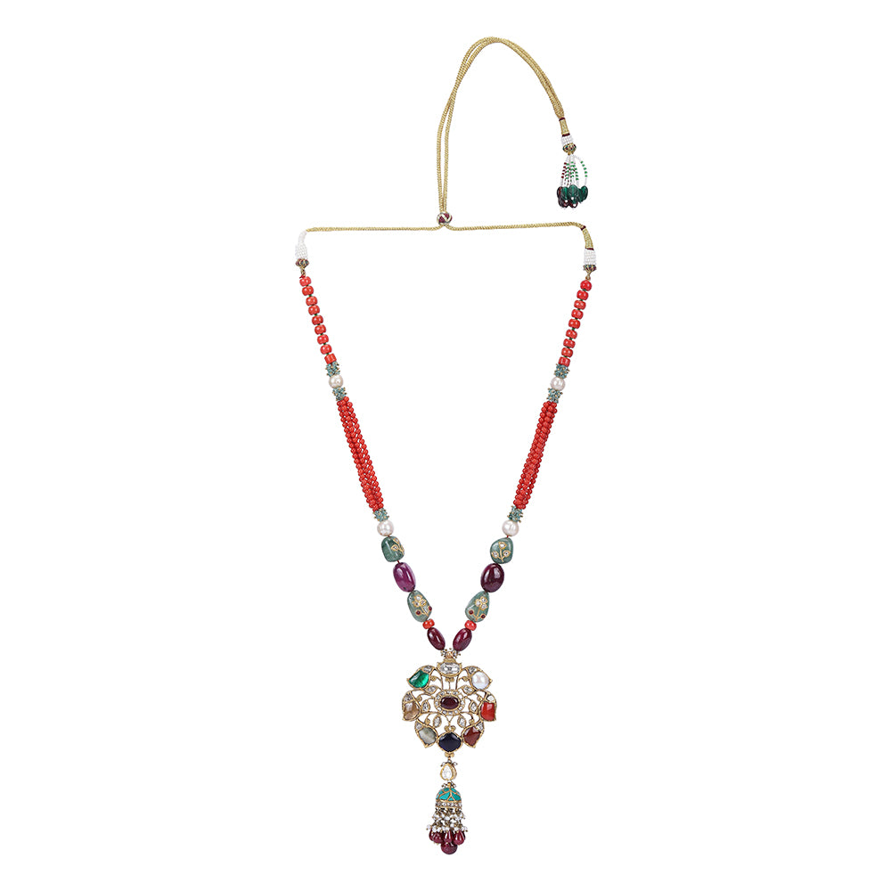 22K GOLD KUNDAN POLKI NECKLACE WITH NATURAL GEM STONES