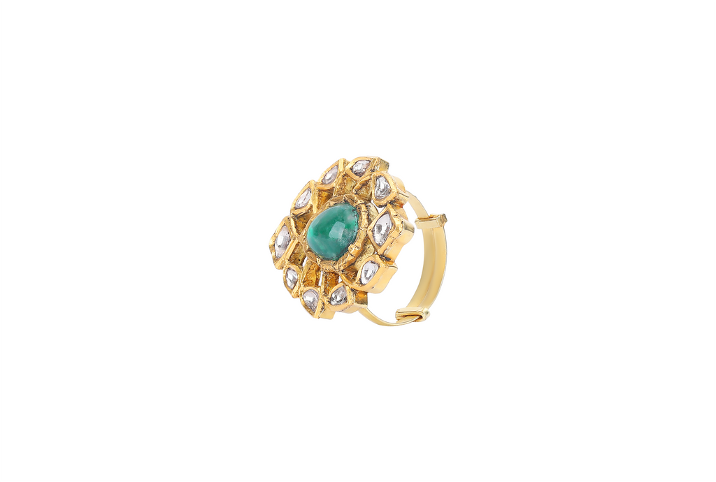 22K  GOLD RING STUDDED WITH UNCUT DIAMOND AND NATUTRAL GEM STONE