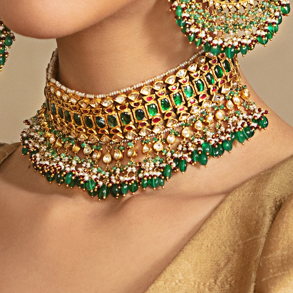 Tasveer Green Red Kundan Necklace with Emeralds and Pearls