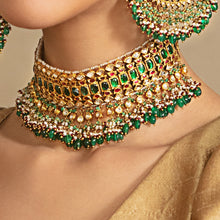 Load image into Gallery viewer, Tasveer Green Red Kundan Necklace with Emeralds and Pearls