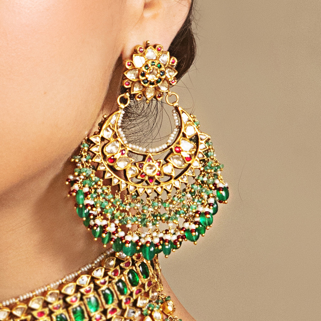 Tasveer Green Red Kundan Chandbalis with Emeralds and Pearls