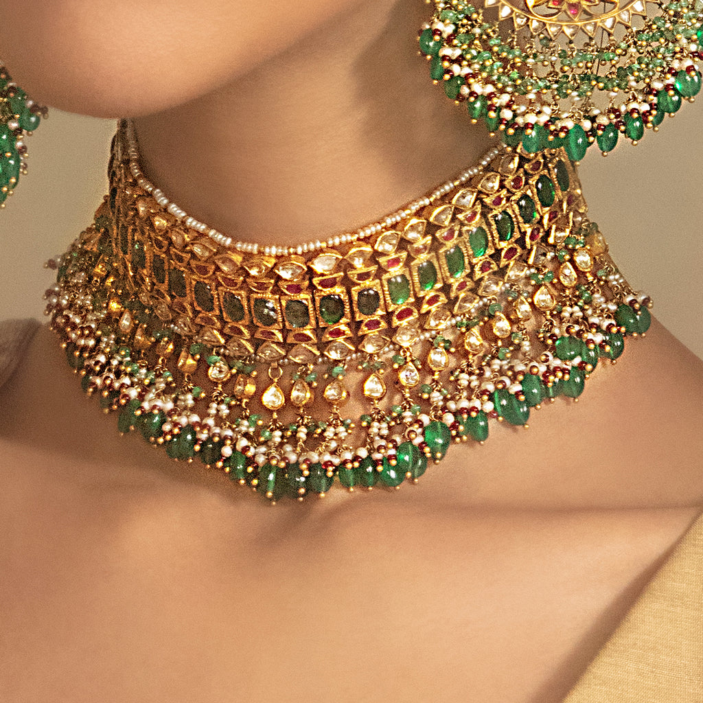 Tasveer Green Red Kundan Necklace with Emeralds and Pearls