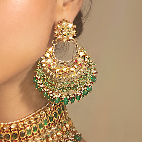 Tasveer Green Red Kundan Chandbalis with Emeralds and Pearls