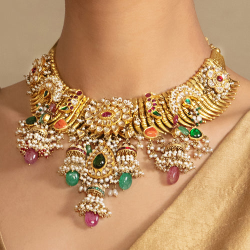 Tasveer Golden Kundan Neckalce with Pearl and Ruby Hanggings