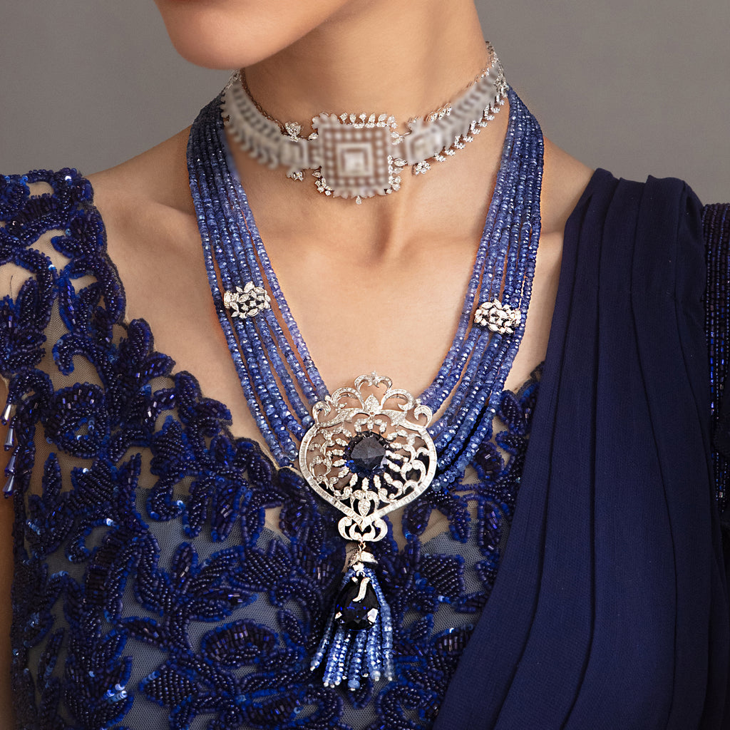 Tasveer Long Necklace With Diamonds And Blue Saphire