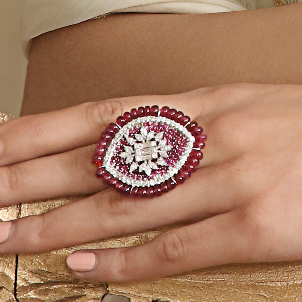 Tasveer Ring with Diamonds and Pink Stone