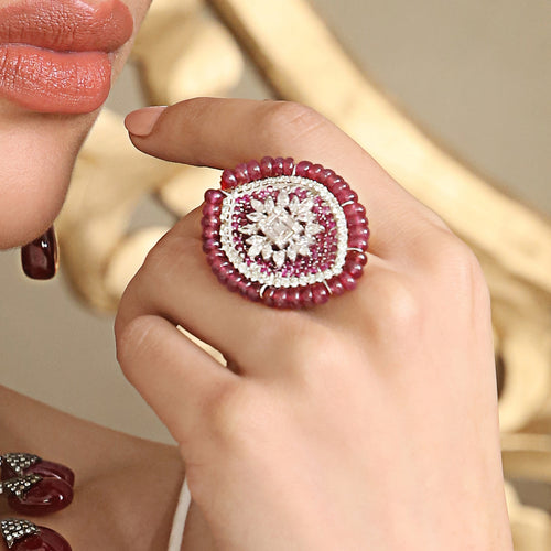 Tasveer Ring with Diamonds and Pink Stone