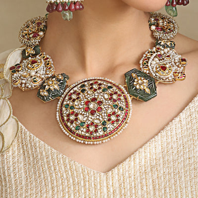 Tasveer Neckalce Stud with Ruby, Emerald and Uncut