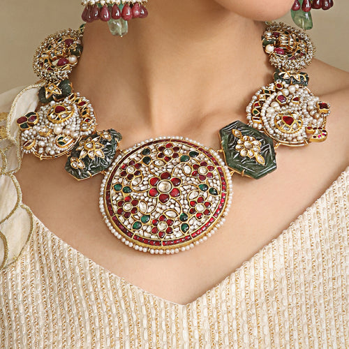 Tasveer Neckalce Stud with Ruby, Emerald and Uncut