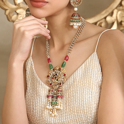 Tasveer Long Pendant Necklace  Stud With Navratnas