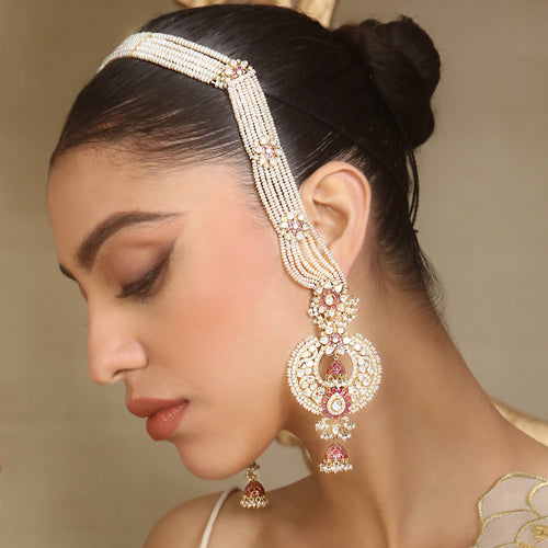 Tasveer White Pink Chand Balis with Multi Pearls Strings