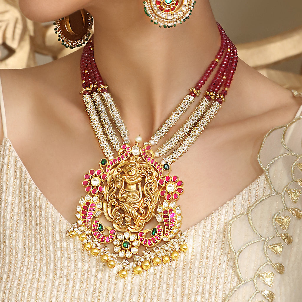 Tasveer Temple Necklace With Ruby And Pearl Strings