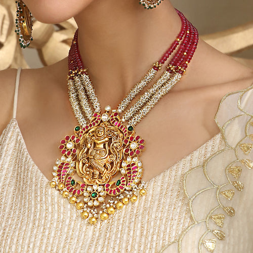Tasveer Temple Necklace With Ruby And Pearl Strings