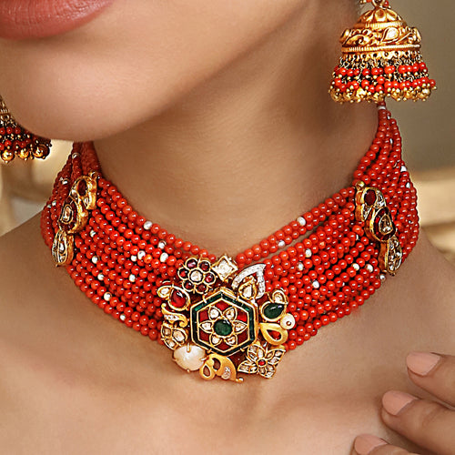 Tasveer Choker Center Piece Stud with Coral and Uncut, Coral Strings