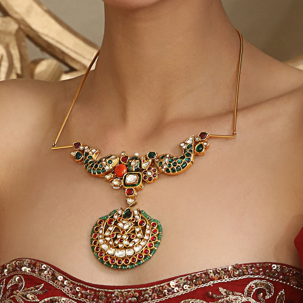 Tasveer Golden Necklace Stud With Gemstones