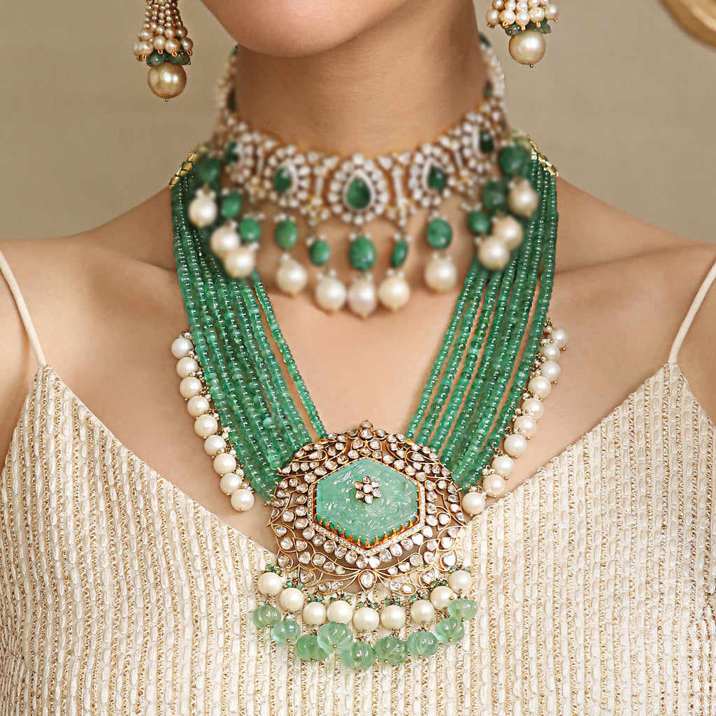 Tasveer Uncut Diamond Necklace with Pearls and Emeralds