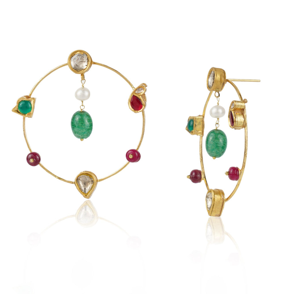 Boutique Kundan Red Green Round Hoops