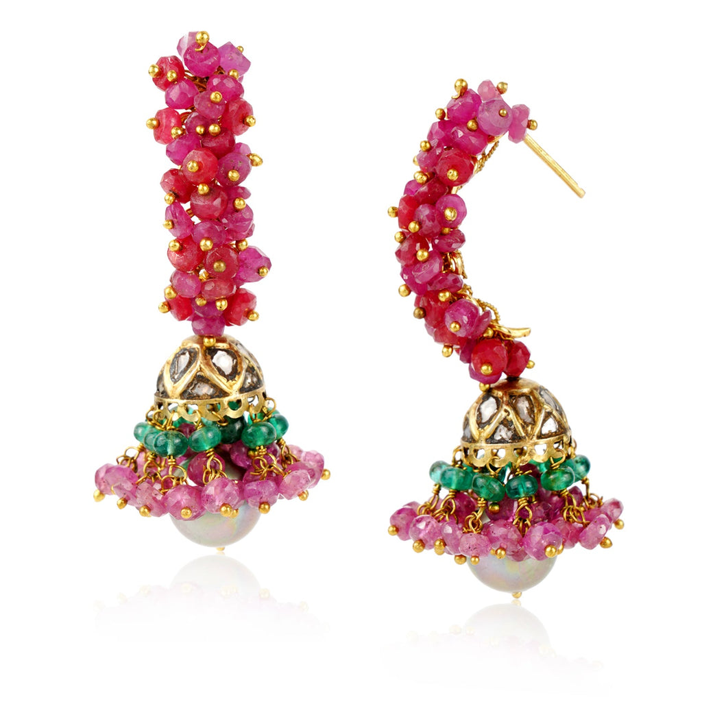 Boutique Kundan Red Green Bell Jhumkis