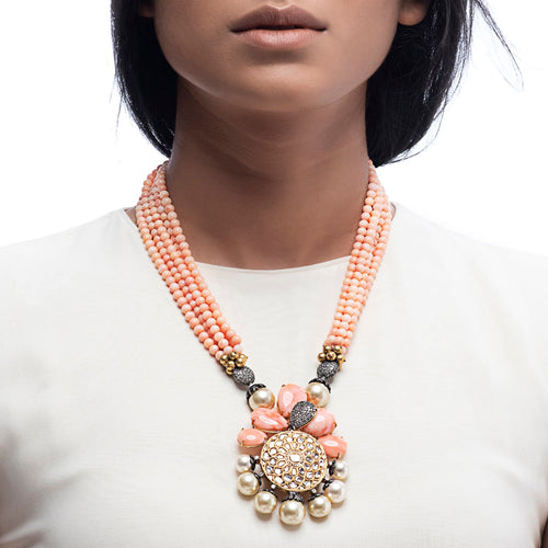 Boutique Kundan Coral Round Pendant