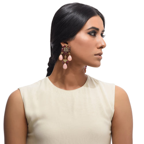 Boutique Kundan Pink Flower Long Earrings