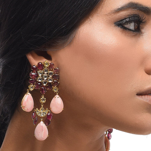 Boutique Kundan Pink Flower Long Earrings