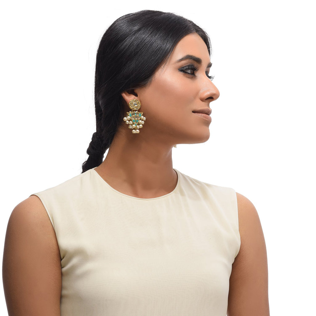 Boutique Kundan Turquoise Geometric Long Earrings