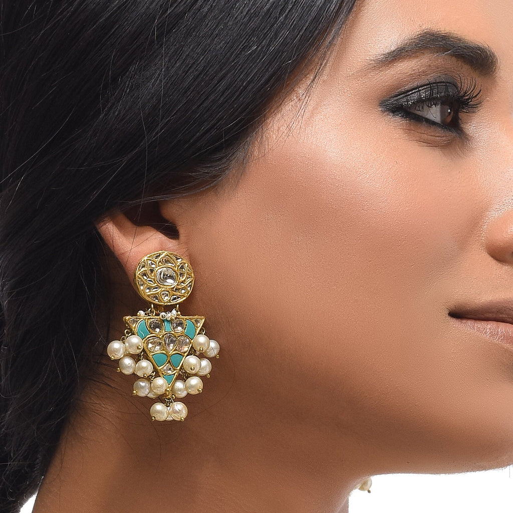 Boutique Kundan Turquoise Geometric Long Earrings