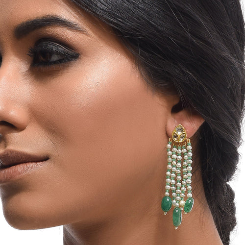 Boutique Kundan Green Pan Long Earrings