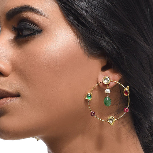 Boutique Kundan Red Green Round Hoops