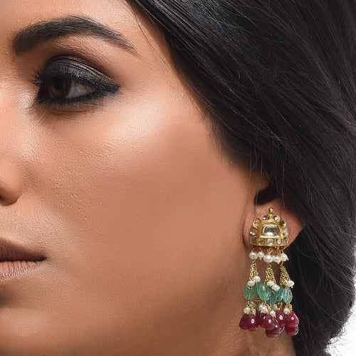 Boutique Kundan Red Green Tassel Long Earrings