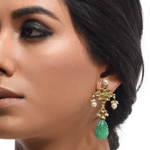 Boutique Kundan Green Flower Long Earrings