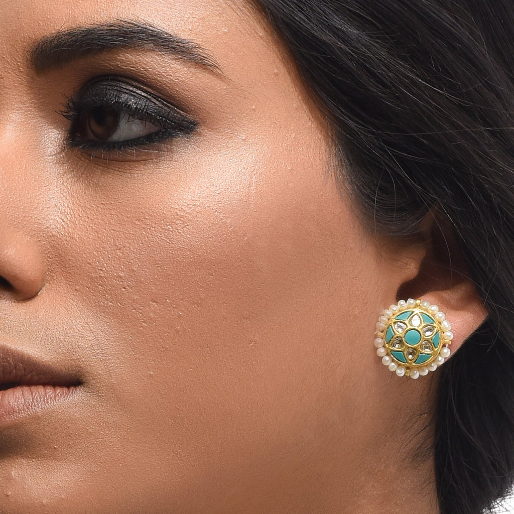 Boutique Kundan Turquoise Round Earrings