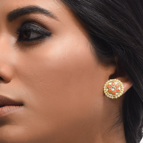 Boutique Kundan Orange Round Studs