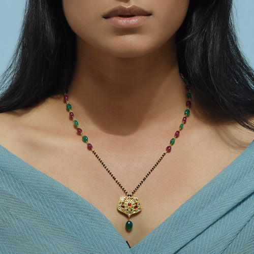 Polki Red & Green Hexagon Mangalsutra